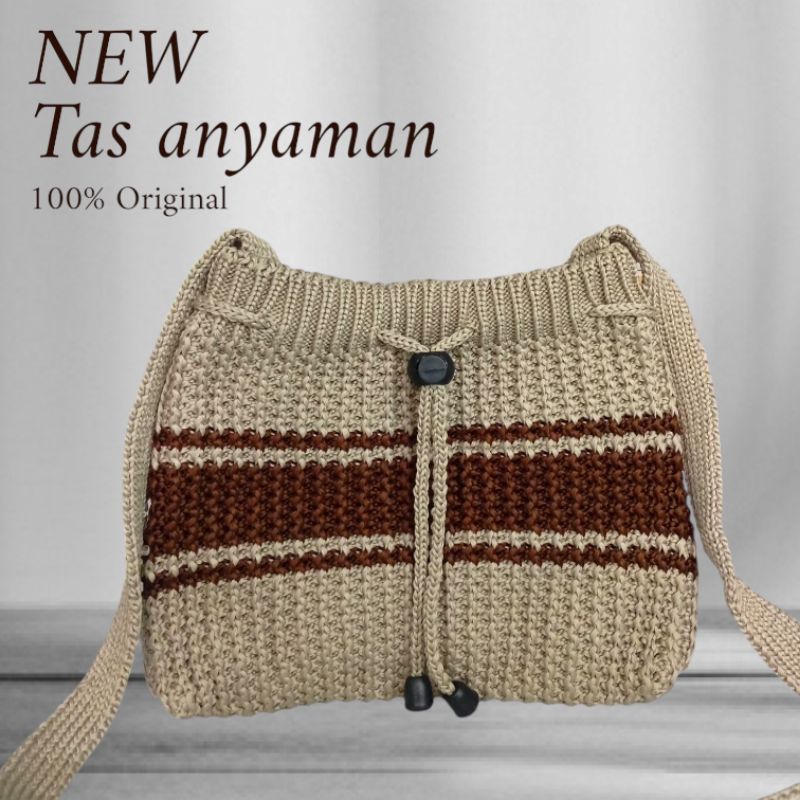 Tas wanita rajut selempang serut Seleb terbaru anyaman strip muat hp dan dompet