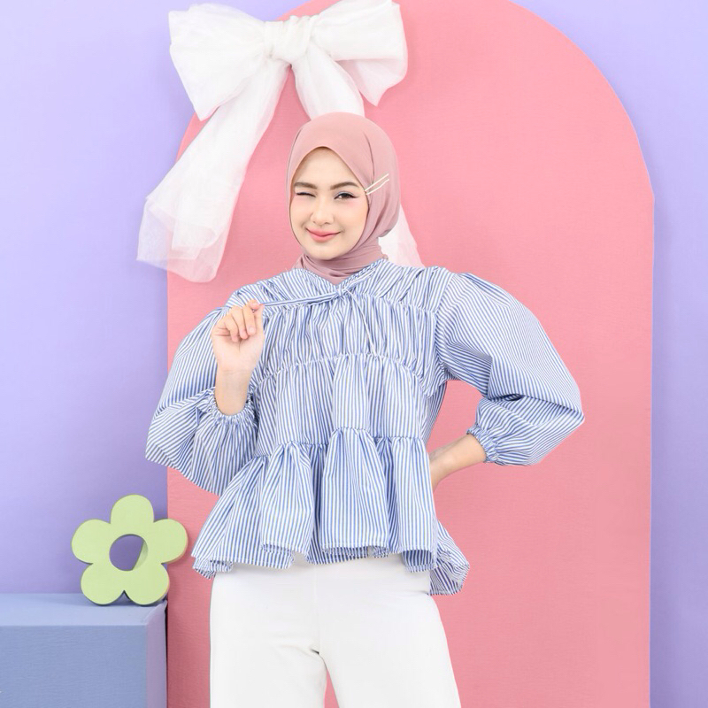 Liora Rubber Blouse Atasan Kerut Dada Lengan Panjang Wanita Kekinian kerja kantoran stripe garis gar