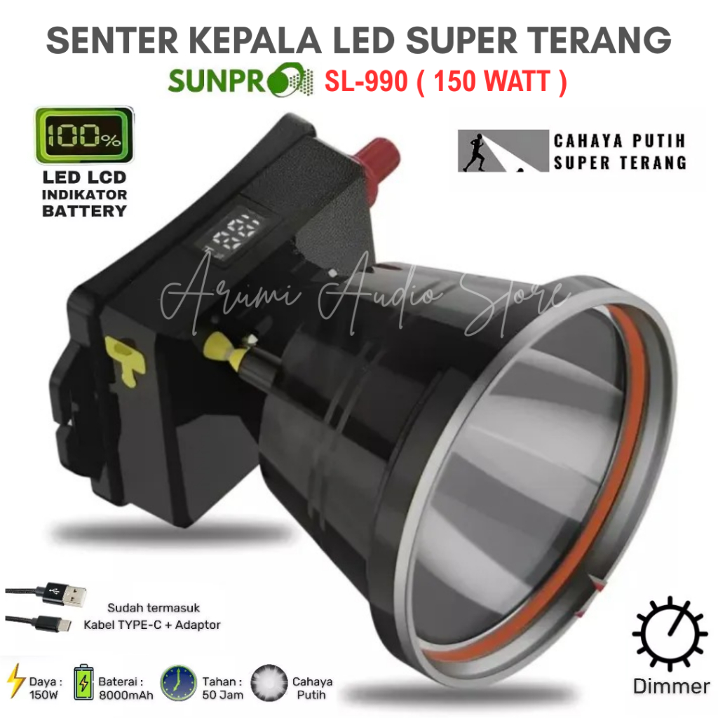 Senter Kepala Sunpro Sl-990 -150 Watt Led Super Tahan Lama 50 Jam Battery 7.800mah | Senter Kepala S
