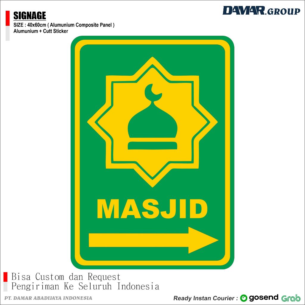 

RAMBU ARAH MASJID 40x60cm, Papan Tanda Arah Nama Plakat Signage Akrilik dan sign ACP 3mm