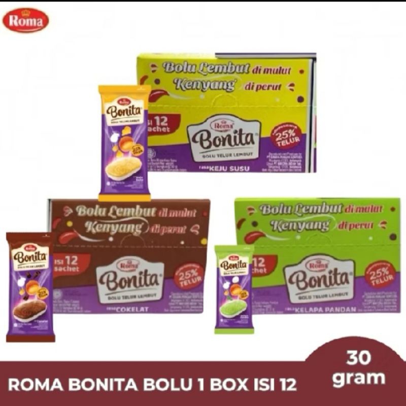 

[1 BOX ISI 12PCS] Roma Bonita Bolu All Rasa Cokelat Keju Susu Kelapa Pandan