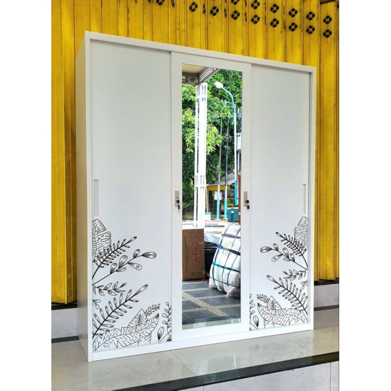 Almari Baju Besi Sleding 3 Pintu Jumbo Modern Terbaru Lemari Pakaian