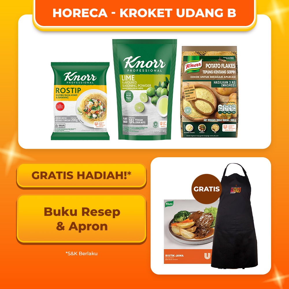 

[HORECA] Kroket Udang B (Knorr Bumbu Penyedap Rostip Pouch 200G (X2) + Knorr Bumbu Rasa Jeruk Nipis Pouch 400g + Knorr Potato Flakes Pouch 500g - Buku Menu + Apron)