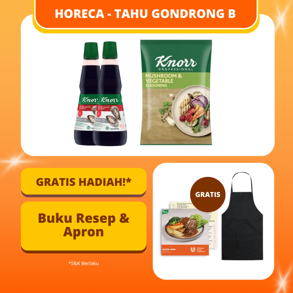 

[HORECA] Tahu Gondrong B (Twinpack Knorr Oyster 1 Kg + Knorr Mushroom & Vegetable 400 Gr - Buku Menu + Apron)