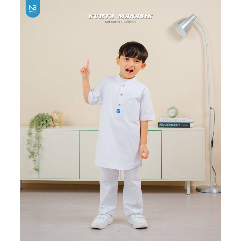 NUBI - Setelan Kemko Putih Anak - Kurta Putih Manasik - Koko Manasik TK, SD
