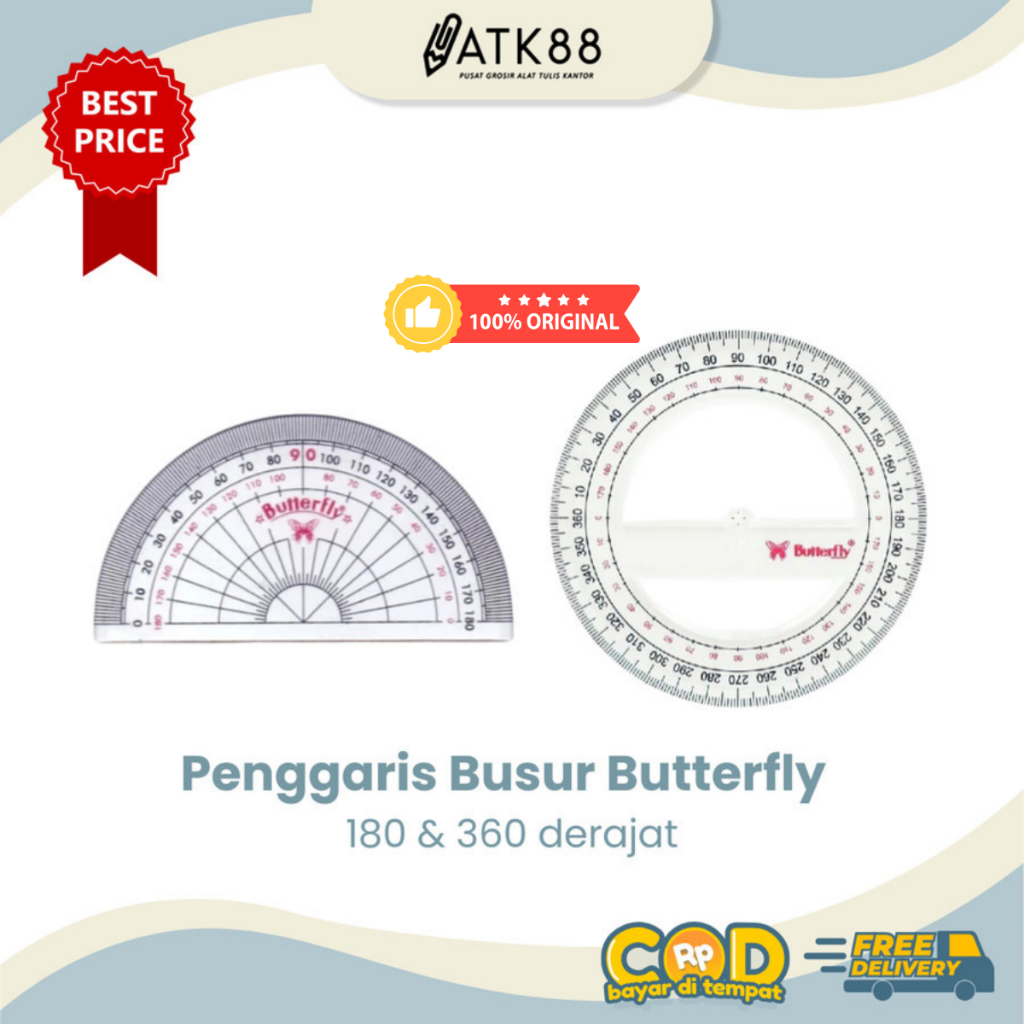 

[ATK88] Penggaris Busur Derajat Butterfly 180 Derajat / 360 Derajat Ukuran 12cm