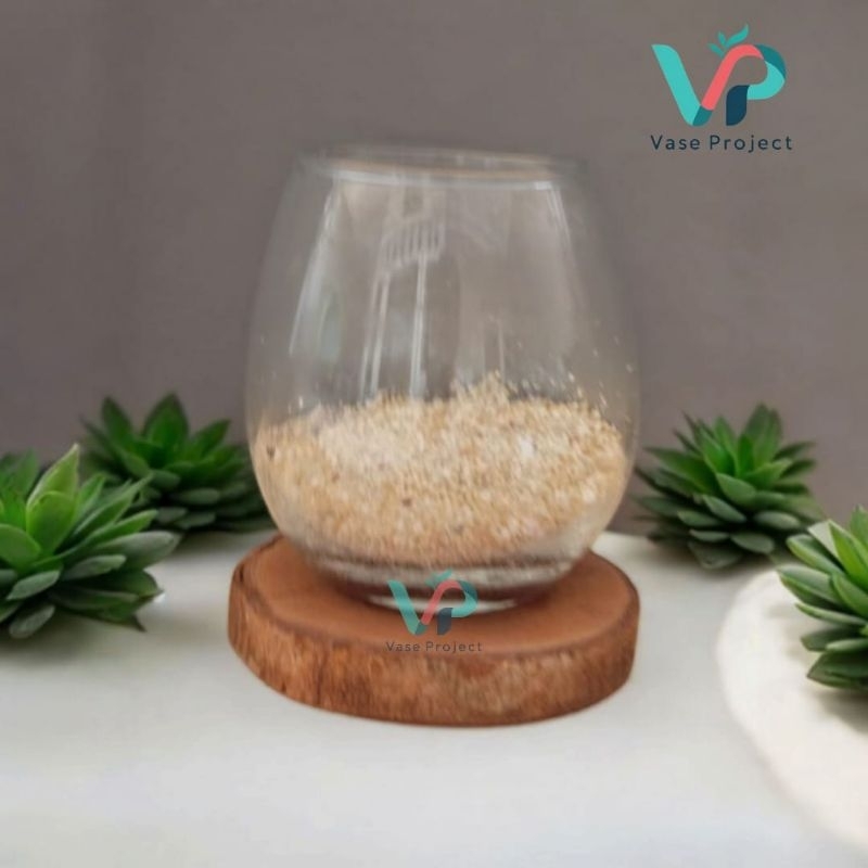 Paket Vas Bunga Kaca Bulat Dan Tatakan Kayu Rustic | Terarium Kaca | Vas Kaca Estetik | Vasquarium |