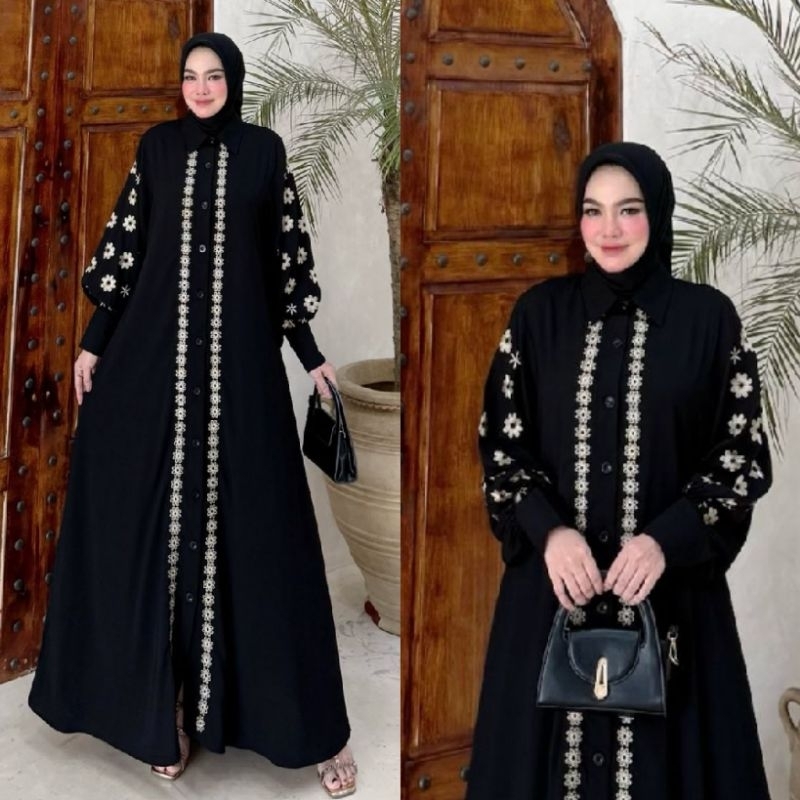 Ainun Abaya By Si.ne.sa / Abaya sinesa / Abaya hitam bordir bunga / Abaya standar jumbo