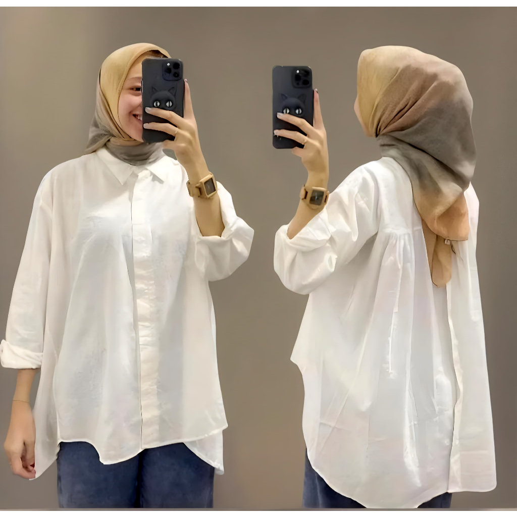 3999 - Tunik Kemeja Blouse  polos TOP premium Shirt Linen Wanita Oversized Kancing Depan Belakang Ba