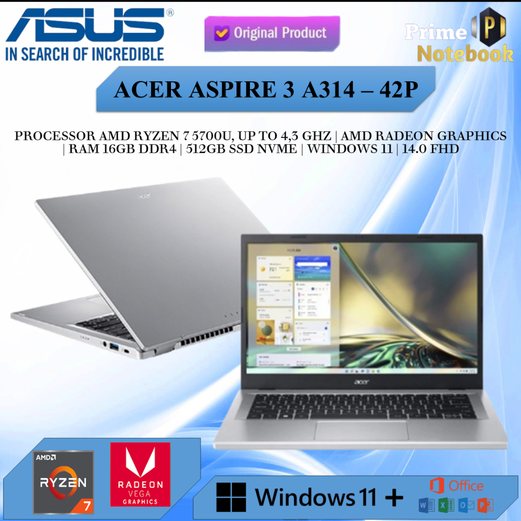Laptop Acer Aspire 3 A314 Ryzen 7 5700 16GB 512GB Windows 11 14.0FHD