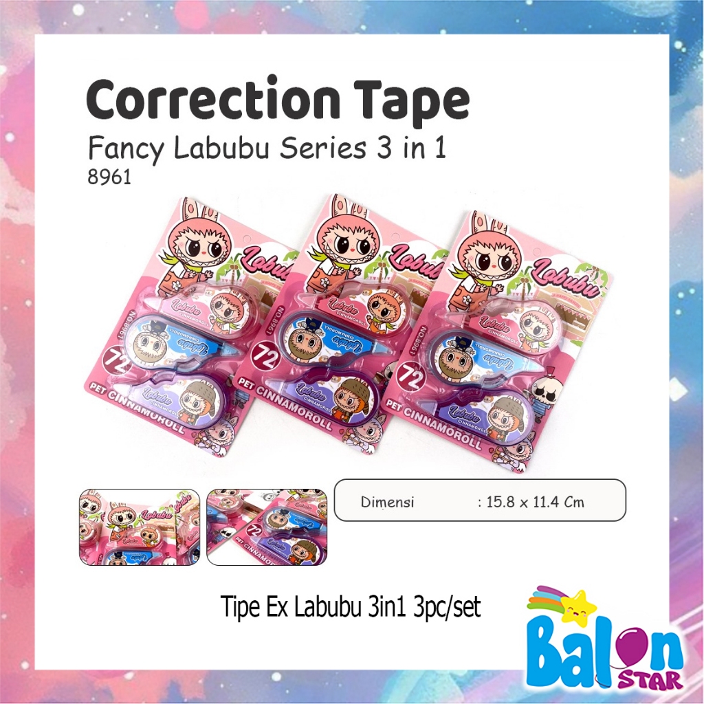 

(1Set isi 3pcs) Tipe Ex Labubu, tipe x kertas, correction tape, stipo kertas