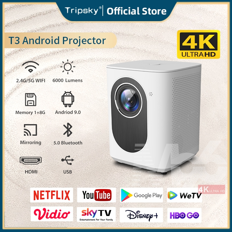 Tripsky T3 Smart Projector 280ANSI 6000 Lumen 4K HD Proyektor LCD Android Proyektor