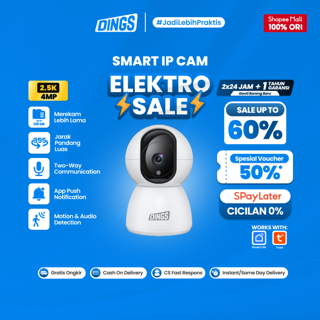 DINGS IP Camera CCTV Wifi Indoor Wide Angle 360 2K Resolution ONVIF Kamera Pintar No Antenna IoT Sma