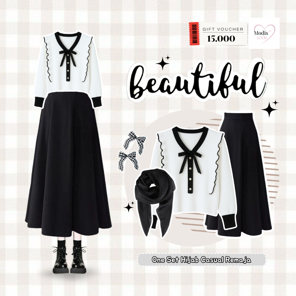 Dewi Outfit Kekinian (Hijab +  Sweater + Rok )One Set Wanita Kekinian Korea Hijab - ML95