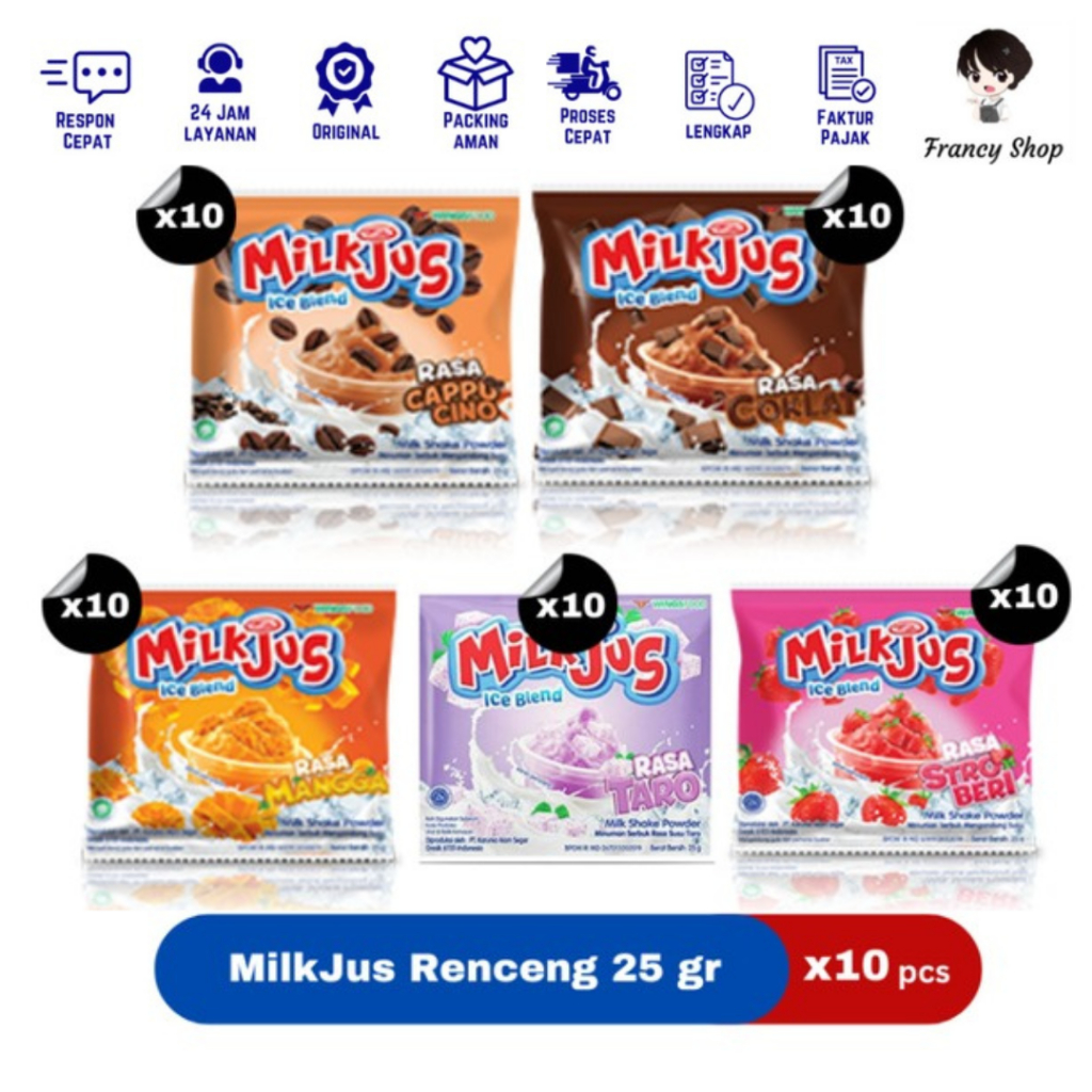 

Paket Murah Renceng MilkJus Ice Blend Chocolate / Strawberry / Mangga / Taro / Cappucino 25 gr x 10 pcs