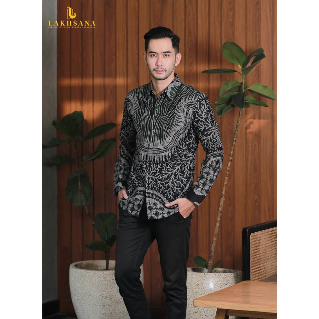 KEMEJA BATIK PRIA PANJANG  MOTIF MANGGAR ABU ABU SAGE COWOK LAKI (BATIK WIRODESO)11