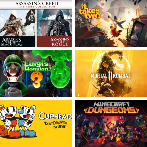 Assasins Creed Rebel Collection, It Takes Two, Luigi Mansion 3, Mortal Kombat 11, Cuphead, Minecraft