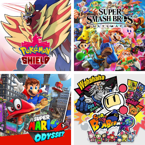 Pokemon Shield, Super Mario Bros Ultimate, Super Mario Odyssey, Super Bomberman R 2 - Nintendo Switc
