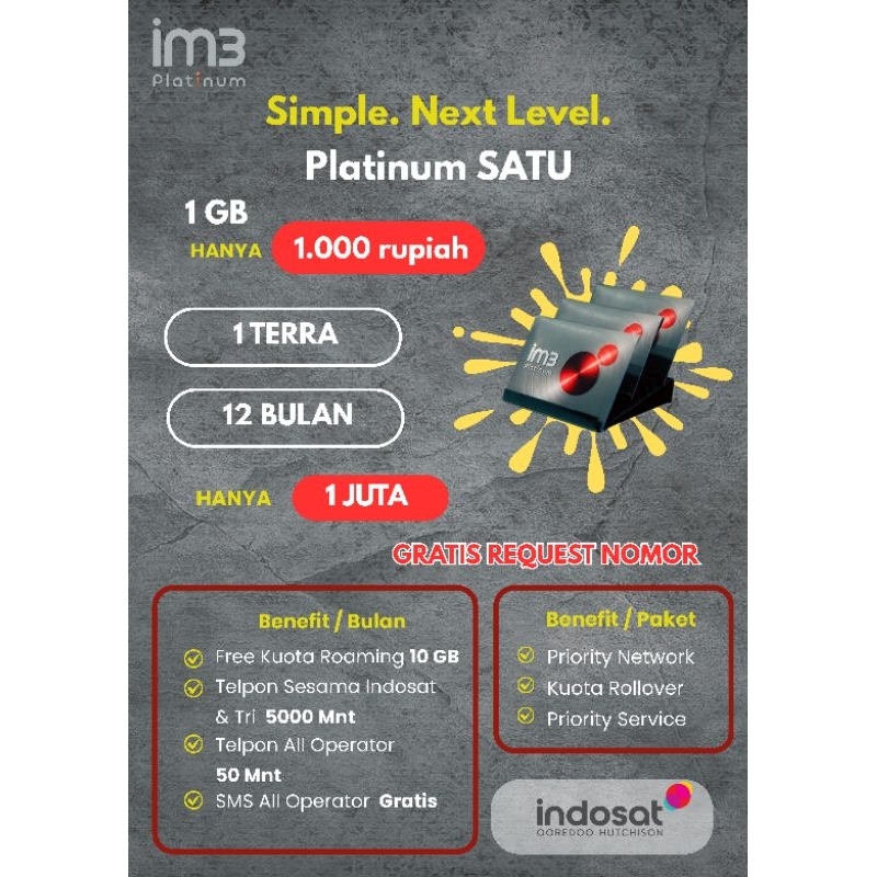 [PLATINUM SATU] PAKET KUOTA IM3 PLATINUM, KUOTA UTAMA 1TB