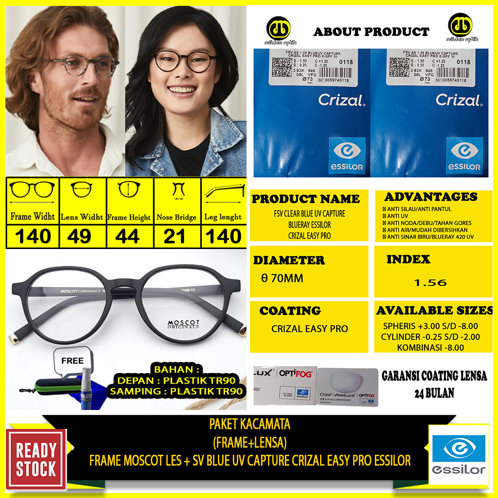 PAKET KACAMATA FRAME MOSCOT LES+ESSILOR BLUE UV CAPTURE CRIZAL EASY PRO/ELEMENTS ORIGINAL