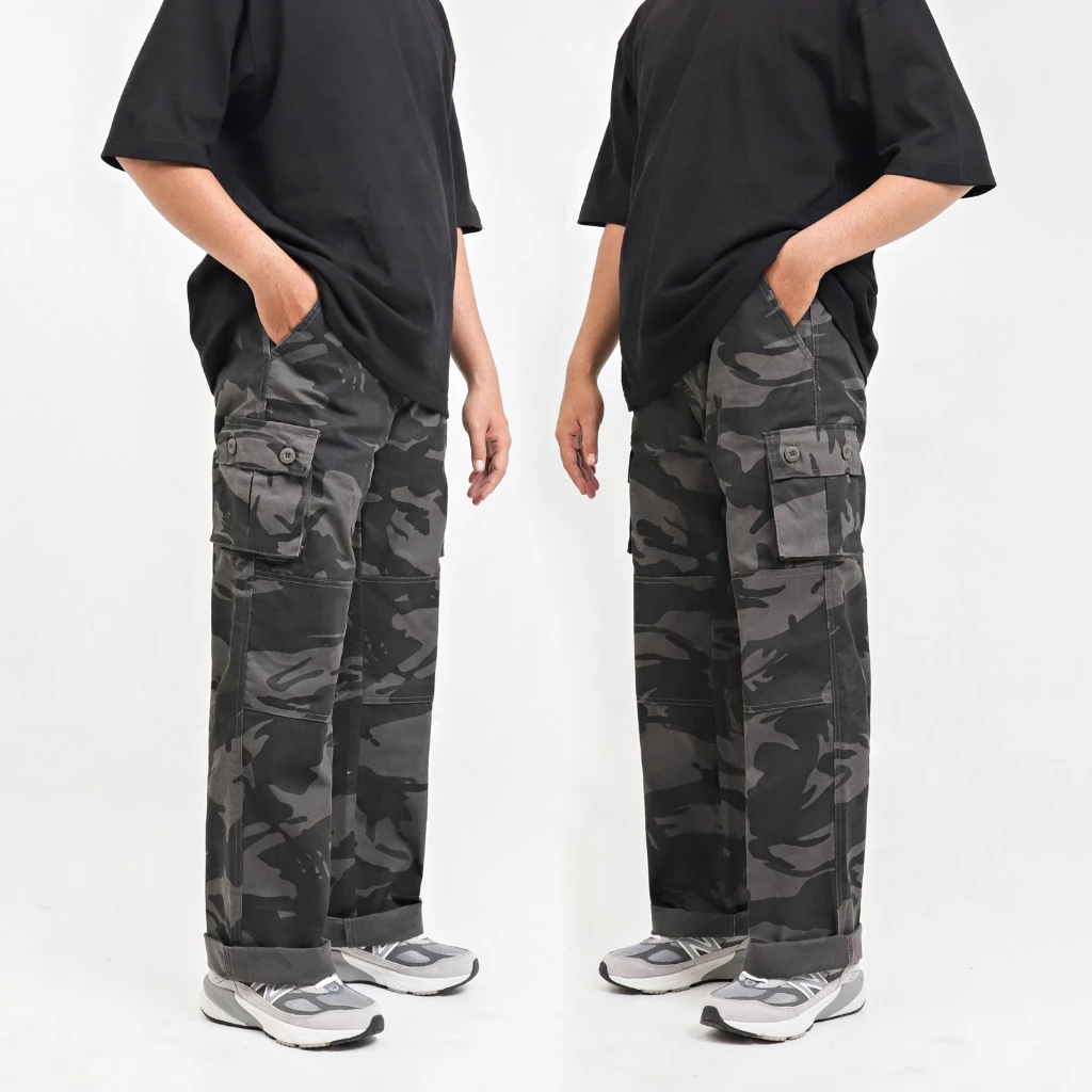 Celana Cargo Camo Loreng Pria Baggy Pants Gombrong Reguler Fit Bahan Non Stretch