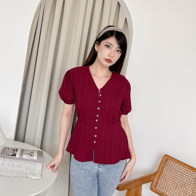[COTTONBELLS] BAJU PREMIUM ALYARA BUTTON PLAID V TIED TOP (CV - B 13680)