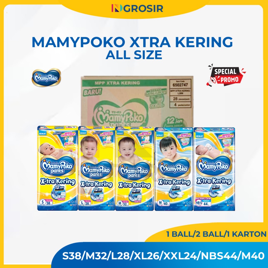 (PROMO SPESIAL) MamyPoko Pants Xtra Kering S38/M32/L28/XL26/XXL24/NBS44/M40 Paket 1Ball/2 Ball dan 1