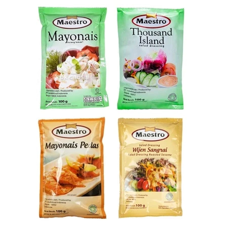 

Maestro Mayonaise Sachet 100g / Maestro Mayonaise 100gr / Maestro Mayonaise Pedas 100gr / Maestro Thousand Island 100gr / Maestro Wijen Sangrai 100gr