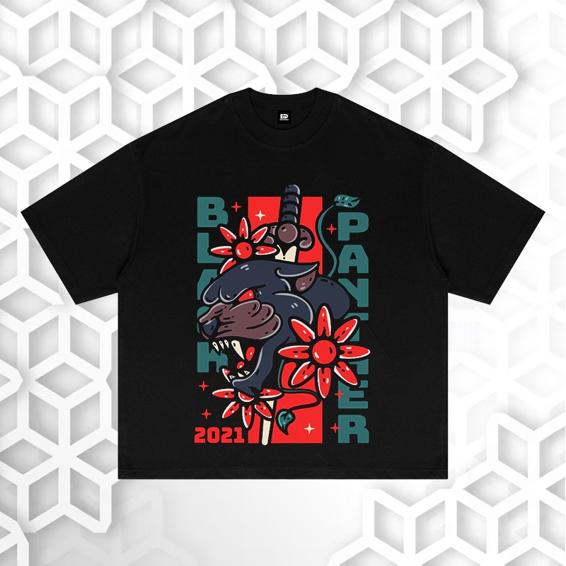 Kaos Kaos Distro Pria "BLACK PANTHER" - Desain Grafis Binatang Garis Geometris Warna Merah Hitam Urb