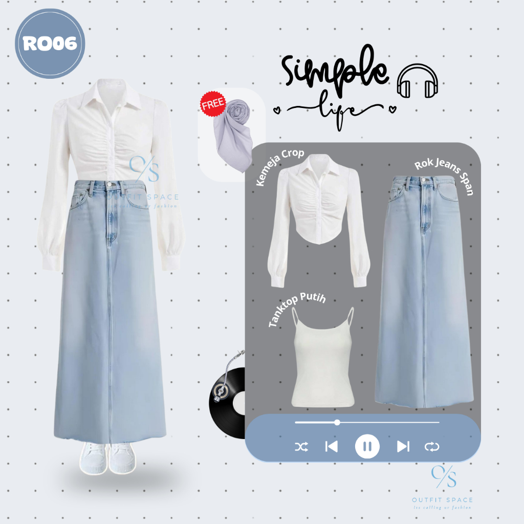 Setelan Kerja Wanita Berhijab | Tanktop Katun Putih, Kemeja Puff Putih, Rok Span Jeans | Outfit Hija