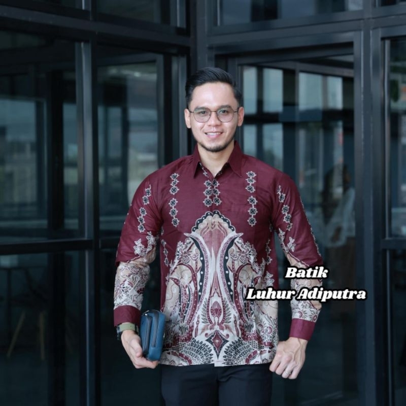 Gunungan burgundi kemeja batik pria furing katun premium Luhur Adiputra