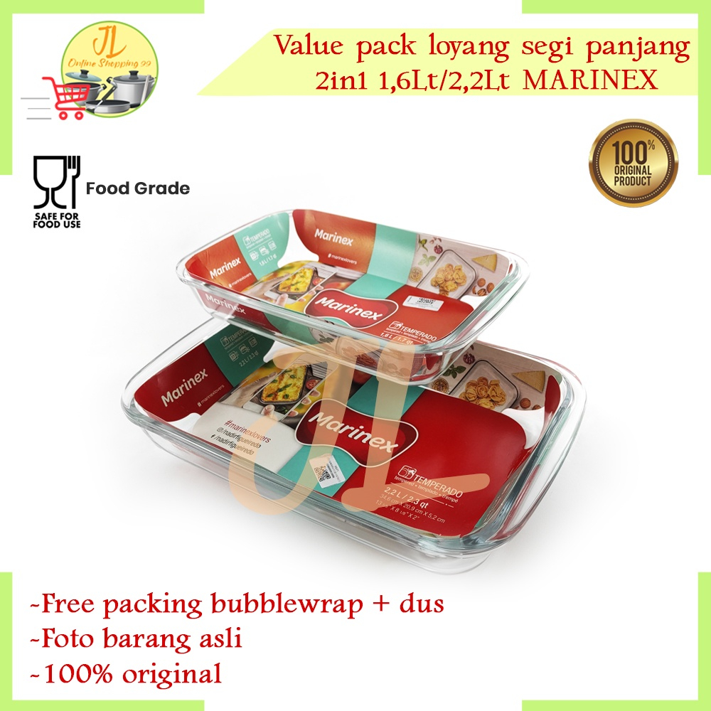 Loyang kaca segi set isi 2 marinex / value pack prasmanan 1,6/2,2Liter