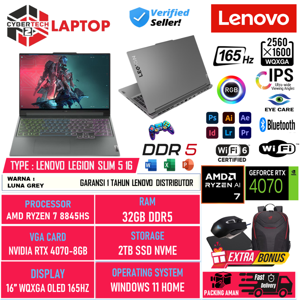 LAPTOP GAMING LENOVO LEGION SLIM 5 16 AMD RYZEN 7 8845HS 64GB 2TB SSD RTX4070-8GB 16 INCH WQXGA IPS 