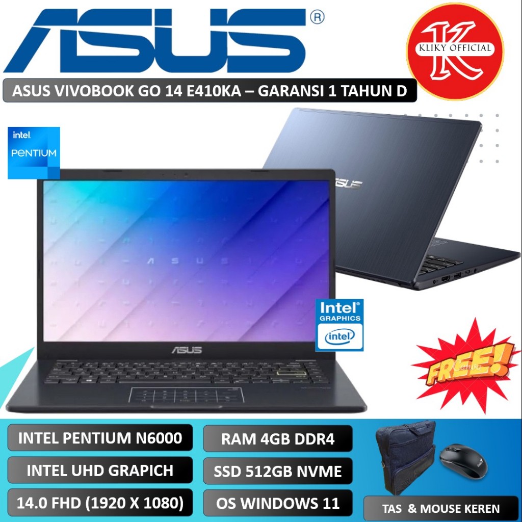 Laptop Pelajar Asus Vivobook Go 14 E410KA Intel Pentium N6000 SSD Windows 11