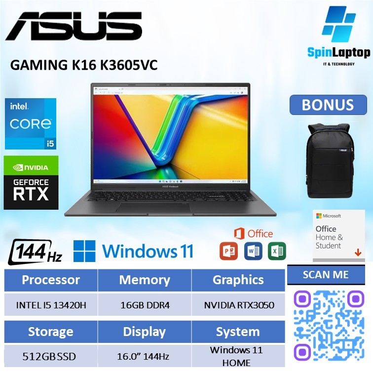 Laptop Asus Gaming K16 K3605VC RTX3050 4GB/ Core i5-13420H RAM 16GB SSD 1TB Laptop Gaming Tipis