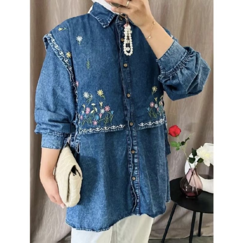 blouse jeans bordir / vest blouse / blouse jeans korea