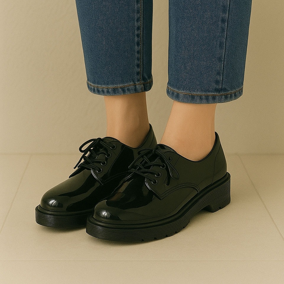 Oxford Black Glossy BIG SIZE 45,44,43,42,41,40 Sepatu Docmart Wanita Loafers Jumbo
