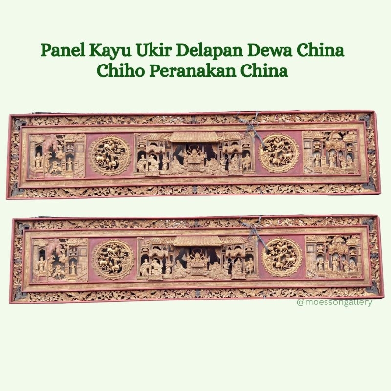 Panel Kayu Ukir Delapan Dewa China Chiho Peranakan China Antik Lawas Tua