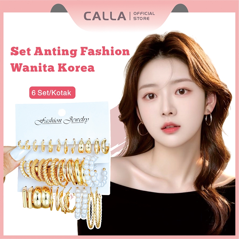 Calla Set Anting Wanita Korea 6 Pasang Anting Set / Anting Geometris Bulat / Anting Emas Dan Perak