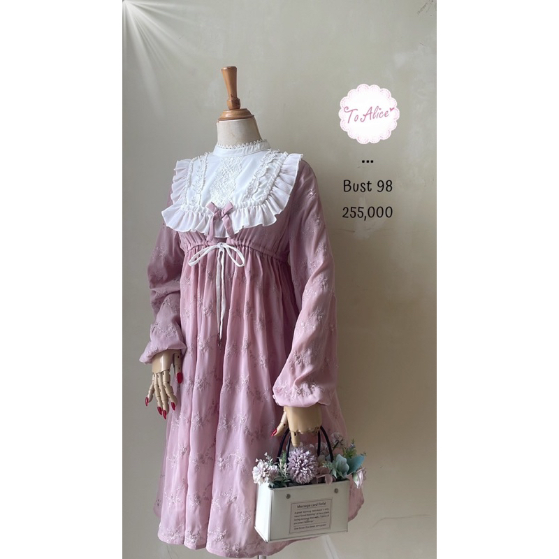 Mini dress lolita kawaii to alice original lengan panjang babydoll pink sifon chiffon bordir embroid