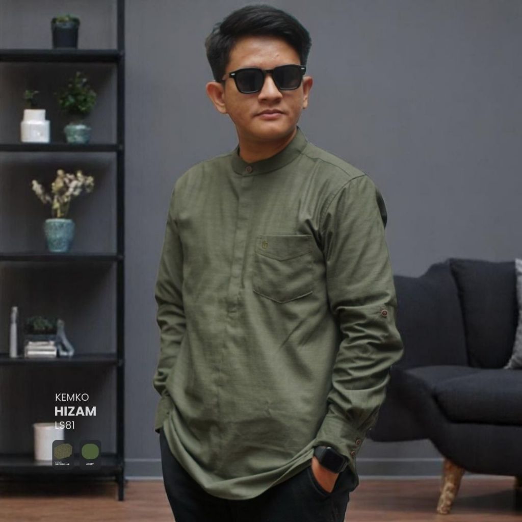 LUQMAN HAKIM Hizam Army | Kemko Kemeja Koko Pria Lengan Panjang | Baju Muslim Casual Harian Kekinian