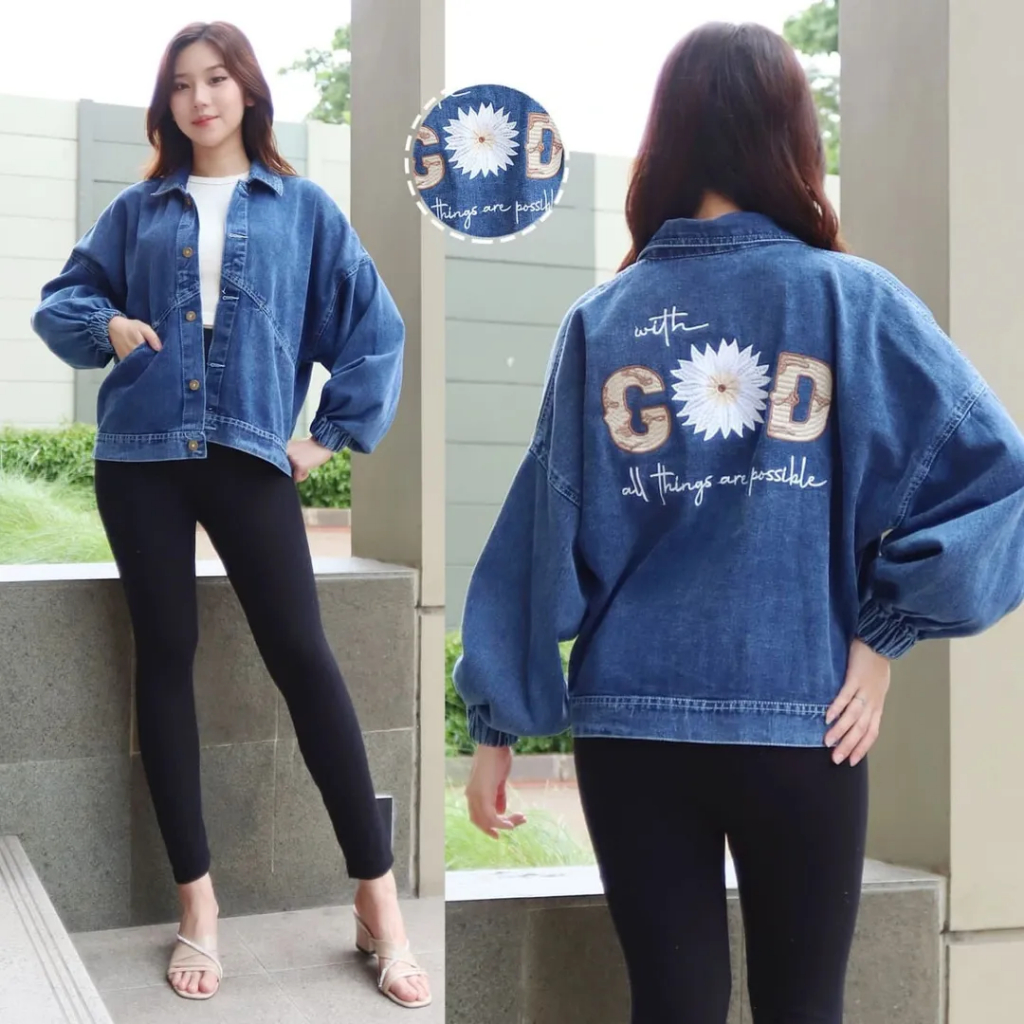 COD- JAKET JEANS WANITA  ALL SIZE MODEL BORDIR BUNGA LENGAN KARET