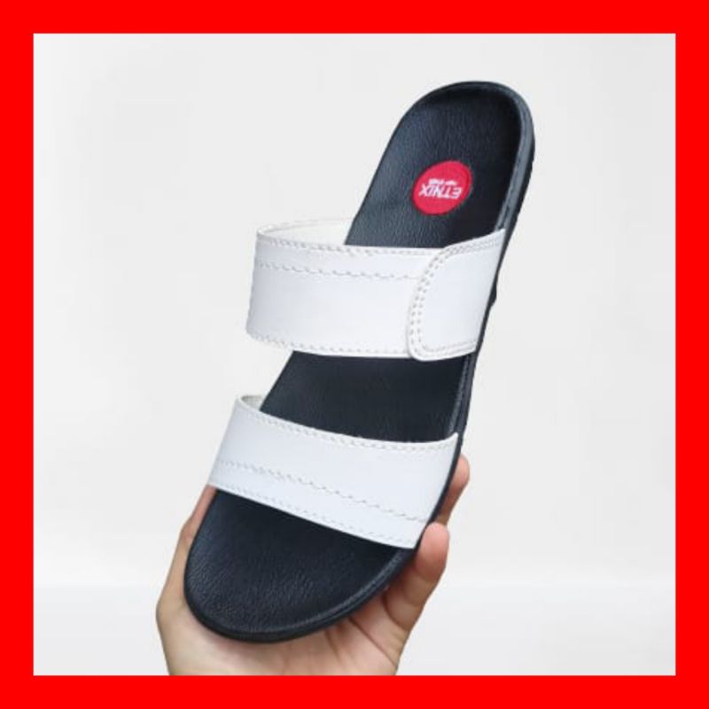SANDAL PRIA SANDAL SELOP SANDAL KULIT MITASI ETNIX HITAM BAN DUA KALP PUTIH