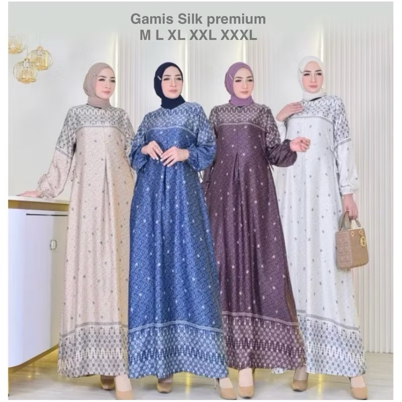 gamis silk premium muslimah terbaru//gamis silk premium motif bunga