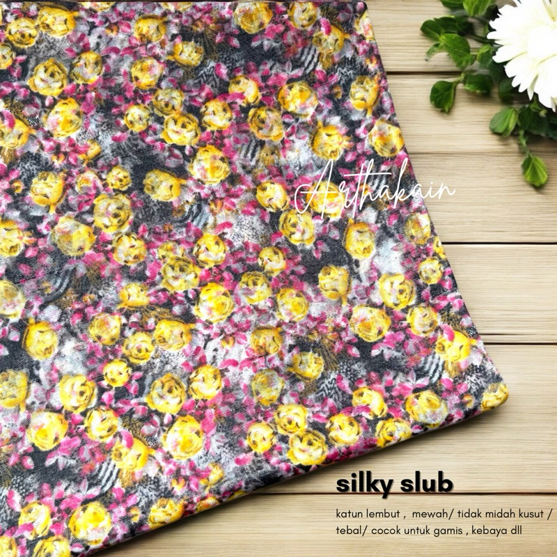 kain katun silky slub motif bunga kecil terbaru / kain gamis katun
