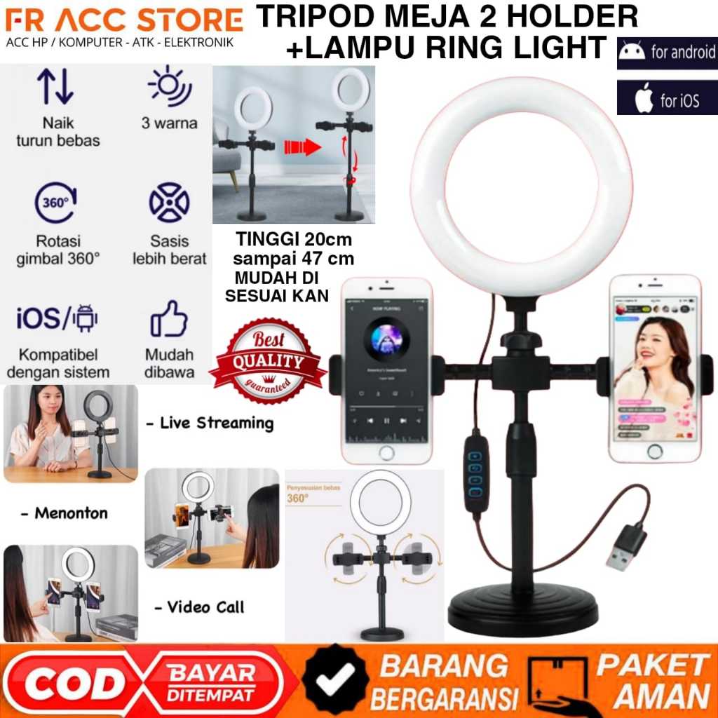 Tripod Meja 3in1 Tripod 2 Holder Tripod + Lampu Ring Light Stand HP 2 Holder Tripod Live streaming 2