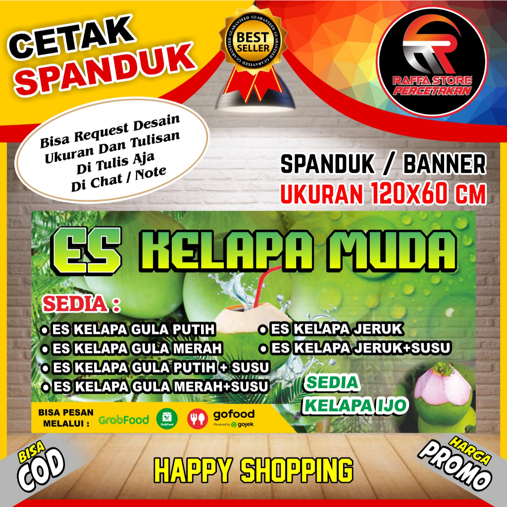 Banner Es Kelapa Muda, Spanduk Es Kelapa Muda 150X70 cm, COD, Banner Es Kelapa Muda, Spanduk Es Kela