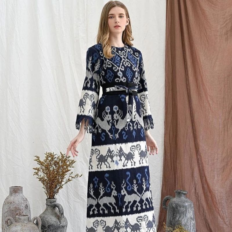 BAJU WANITA TUNIK GAUN DRESS TENUN IKAT MOTIF SUMBA LENGAN PANJANG
