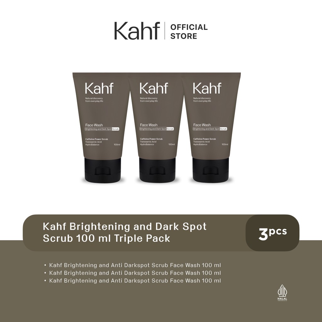 Kahf Brightening and Anti Darkspot Scrub Face Wash 100 ml Triple Pack-Perawatan Wajah Pria (Lawan No