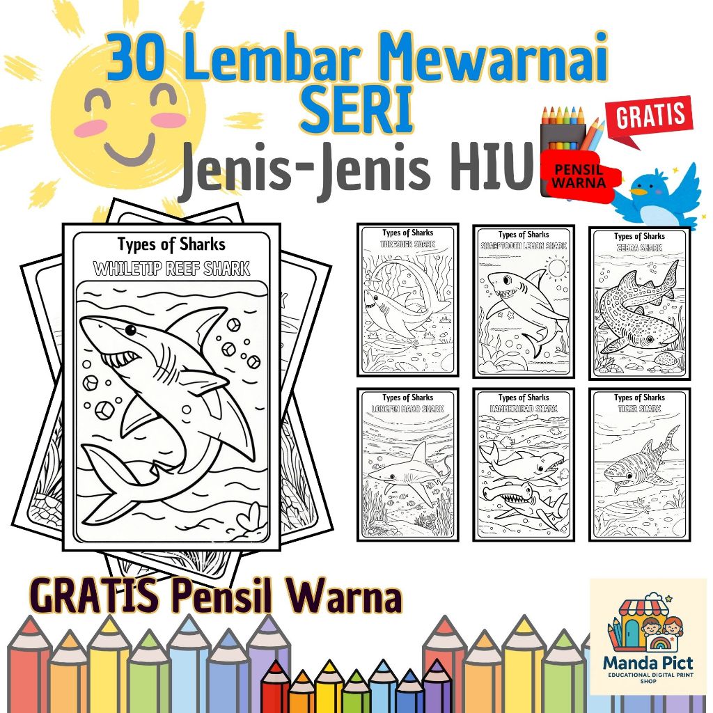 

Hasil Print Gambar Seri jenis Hiu Mewarnai Anak TK SD PAUD 30 Lembar HVS Premium Shark theme